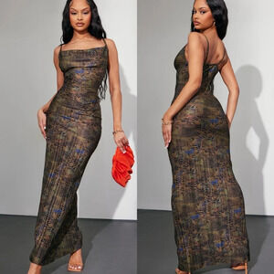 Pretty little thing Multi Leopard Plisse Strappy Maxi Dress 6